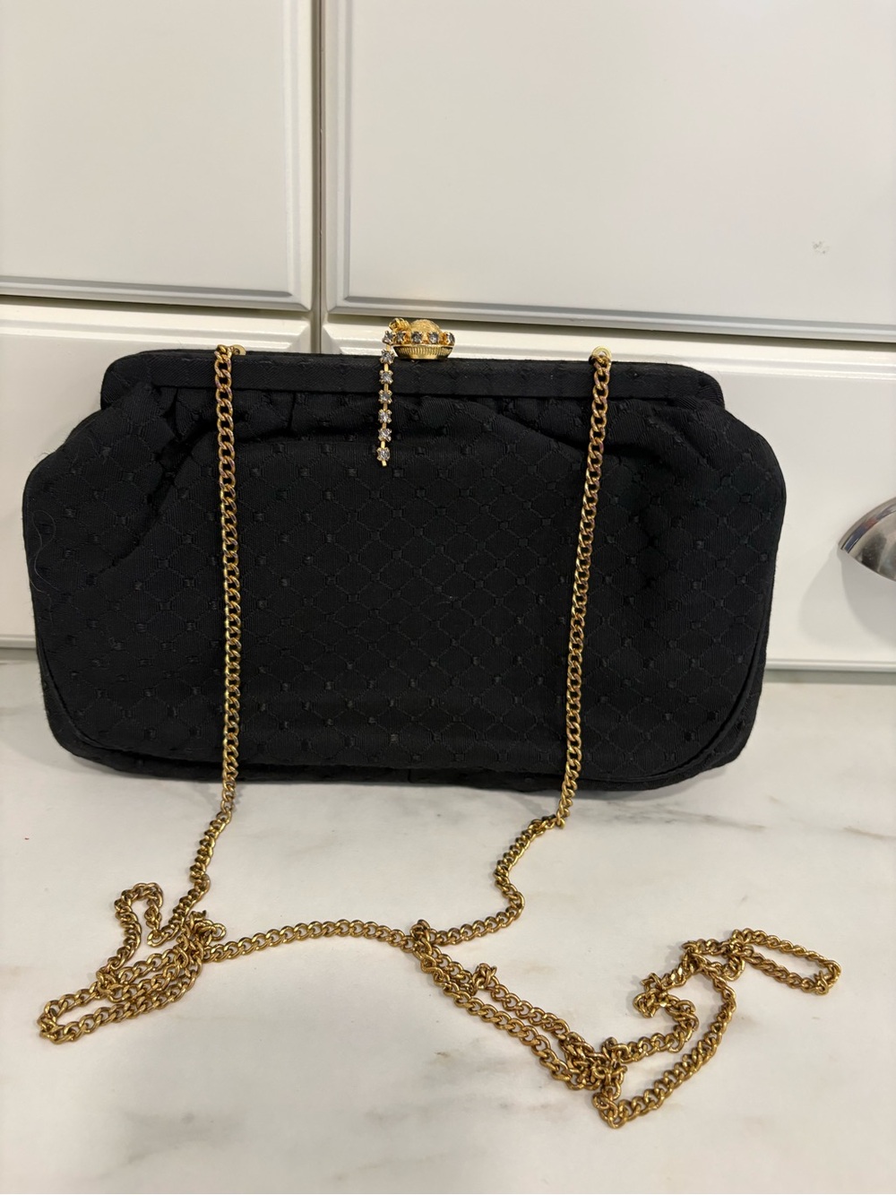 Vintage Black Quilted Frame Clutch with Gold Chain